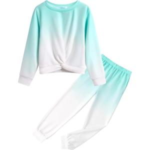 Arshiner Girls 2 Piece Outfits Fashion Twist Front Tracksuit Long Sleeve Pullover Sweatshirt Sweatpants Jogger set Sweatsuit(Green White)
