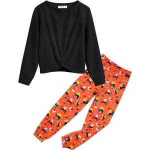 Arshiner Girls 2 Piece Outfits Fashion Twist Front Tracksuit Long Sleeve Pullover Sweatshirt Sweatpants Jogger set Sweatsuit(Halloween)