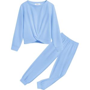 Arshiner Girls 2 Piece Outfits Fashion Twist Front Tracksuit Long Sleeve Pullover Sweatshirt Sweatpants Jogger set Sweatsuit(Light Blue)