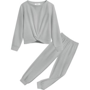 Arshiner Girls 2 Piece Outfits Fashion Twist Front Tracksuit Long Sleeve Pullover Sweatshirt Sweatpants Jogger set Sweatsuit(Light Grey)
