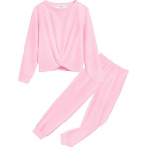 Arshiner Girls 2 Piece Outfits Fashion Twist Front Tracksuit Long Sleeve Pullover Sweatshirt Sweatpants Jogger set Sweatsuit(Light Pink)