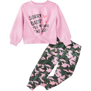 Arshiner Girls 2 Piece Outfits Fashion Twist Front Tracksuit Long Sleeve Pullover Sweatshirt Sweatpants Jogger set Sweatsuit(Light Pink&camo)