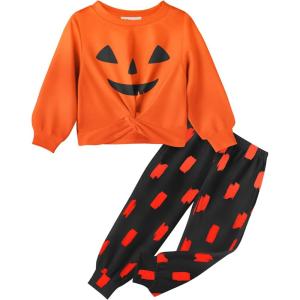 Arshiner Girls 2 Piece Outfits Fashion Twist Front Tracksuit Long Sleeve Pullover Sweatshirt Sweatpants Jogger set Sweatsuit(Orange&halloween)