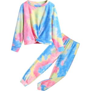 Arshiner Girls 2 Piece Outfits Fashion Twist Front Tracksuit Long Sleeve Pullover Sweatshirt Sweatpants Jogger set Sweatsuit(Pink&blue&yellow)