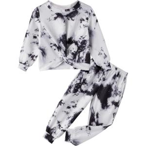 Arshiner Girls 2 Piece Outfits Fashion Twist Front Tracksuit Long Sleeve Pullover Sweatshirt Sweatpants Jogger set Sweatsuit(Tie Dye_black White)