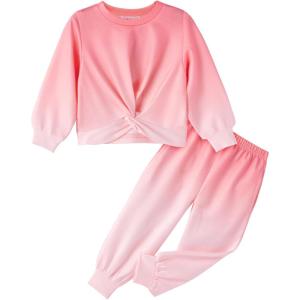 Arshiner Girls 2 Piece Outfits Fashion Twist Front Tracksuit Long Sleeve Pullover Sweatshirt Sweatpants Jogger set Sweatsuit(Tie Dye_pink White)