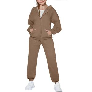 Arshiner Girls 2 Piece Outfits Jogger Sets Zip Up Hoodie Sweatshirts and Sweatpants with Pockets Tracksuits Sweatsuits(Brown)