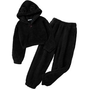 Arshiner Girls 2 Piece Outfits Sweatsuit Fuzzy Long Sleeve Bear Ear Hoodie Sweatshirt and Sweatpant Kids Clothing Sets(Black)