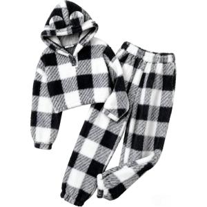 Arshiner Girls 2 Piece Outfits Sweatsuit Fuzzy Long Sleeve Bear Ear Hoodie Sweatshirt and Sweatpant Kids Clothing Sets(Black Plaid)