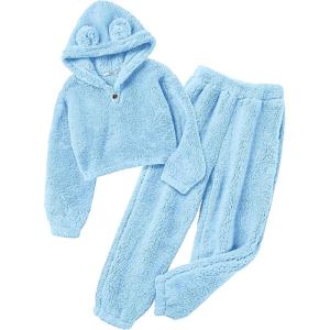 Arshiner Girls 2 Piece Outfits Sweatsuit Fuzzy Long Sleeve Bear Ear Hoodie Sweatshirt and Sweatpant Kids Clothing Sets(Blue)