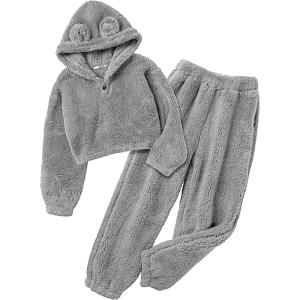 Arshiner Girls 2 Piece Outfits Sweatsuit Fuzzy Long Sleeve Bear Ear Hoodie Sweatshirt and Sweatpant Kids Clothing Sets(Light Grey)