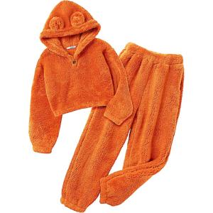 Arshiner Girls 2 Piece Outfits Sweatsuit Fuzzy Long Sleeve Bear Ear Hoodie Sweatshirt and Sweatpant Kids Clothing Sets(Orange)