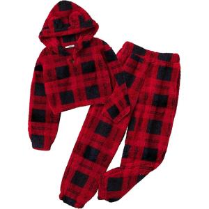 Arshiner Girls 2 Piece Outfits Sweatsuit Fuzzy Long Sleeve Bear Ear Hoodie Sweatshirt and Sweatpant Kids Clothing Sets(Red Plaid)