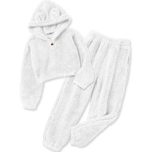 Arshiner Girls 2 Piece Outfits Sweatsuit Fuzzy Long Sleeve Bear Ear Hoodie Sweatshirt and Sweatpant Kids Clothing Sets(White)