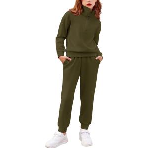 Arshiner Girls 2 Piece Outfits Sweatsuit Set Half Zip Lapel Collar Long Sleeve Sweatshirt Sweatpant Tracksuit Sets(Army Green)