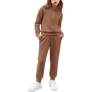 Arshiner Girls 2 Piece Outfits Sweatsuit Set Half Zip Lapel Collar Long Sleeve Sweatshirt Sweatpant Tracksuit Sets(Brown)