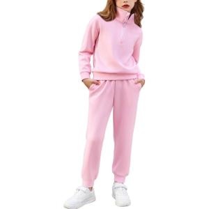 Arshiner Girls 2 Piece Outfits Sweatsuit Set Half Zip Lapel Collar Long Sleeve Sweatshirt Sweatpant Tracksuit Sets(Dark Pink)