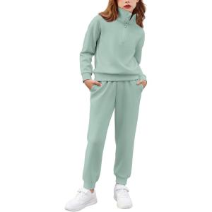 Arshiner Girls 2 Piece Outfits Sweatsuit Set Half Zip Lapel Collar Long Sleeve Sweatshirt Sweatpant Tracksuit Sets(Ice Green)