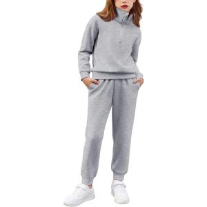 Arshiner Girls 2 Piece Outfits Sweatsuit Set Half Zip Lapel Collar Long Sleeve Sweatshirt Sweatpant Tracksuit Sets(Light Grey)