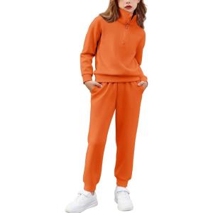 Arshiner Girls 2 Piece Outfits Sweatsuit Set Half Zip Lapel Collar Long Sleeve Sweatshirt Sweatpant Tracksuit Sets(Orange)