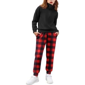 Arshiner Girls 2 Piece Outfits Sweatsuit Set Half Zip Lapel Collar Long Sleeve Sweatshirt Sweatpant Tracksuit Sets(Red Plaid)
