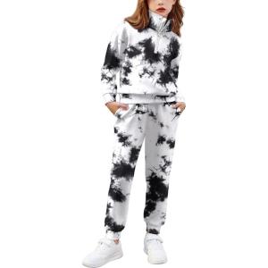 Arshiner Girls 2 Piece Outfits Sweatsuit Set Half Zip Lapel Collar Long Sleeve Sweatshirt Sweatpant Tracksuit Sets(White & Black)