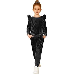 Arshiner Girls 2 Piece Outfits Velour Tracksuit Cute Clothes Sweatsuit Ruffle Pullover Sweatshirt Sweatpants Clothing Sets(Black)