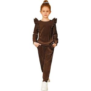 Arshiner Girls 2 Piece Outfits Velour Tracksuit Cute Clothes Sweatsuit Ruffle Pullover Sweatshirt Sweatpants Clothing Sets(Brown)
