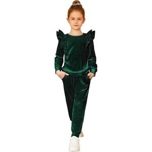 Arshiner Girls 2 Piece Outfits Velour Tracksuit Cute Clothes Sweatsuit Ruffle Pullover Sweatshirt Sweatpants Clothing Sets(Deep Green)