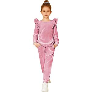 Arshiner Girls 2 Piece Outfits Velour Tracksuit Cute Clothes Sweatsuit Ruffle Pullover Sweatshirt Sweatpants Clothing Sets(Grey Purple Red)