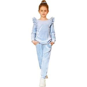 Arshiner Girls 2 Piece Outfits Velour Tracksuit Cute Clothes Sweatsuit Ruffle Pullover Sweatshirt Sweatpants Clothing Sets(Light Blue)