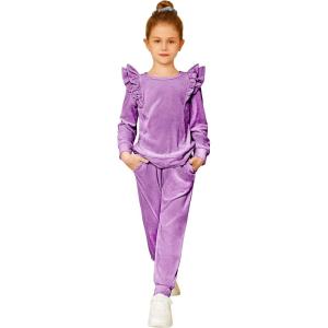 Arshiner Girls 2 Piece Outfits Velour Tracksuit Cute Clothes Sweatsuit Ruffle Pullover Sweatshirt Sweatpants Clothing Sets(Light Purple)