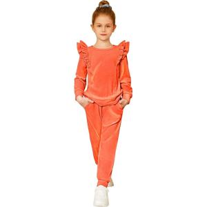Arshiner Girls 2 Piece Outfits Velour Tracksuit Cute Clothes Sweatsuit Ruffle Pullover Sweatshirt Sweatpants Clothing Sets(Orange)