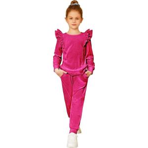 Arshiner Girls 2 Piece Outfits Velour Tracksuit Cute Clothes Sweatsuit Ruffle Pullover Sweatshirt Sweatpants Clothing Sets(Rose Red)
