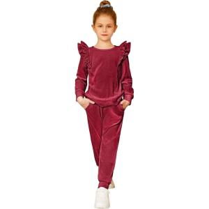 Arshiner Girls 2 Piece Outfits Velour Tracksuit Cute Clothes Sweatsuit Ruffle Pullover Sweatshirt Sweatpants Clothing Sets(Wine Red)