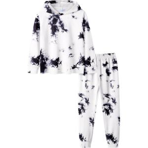 Arshiner Girl’s 2 Piece Tie-dye Pullover Hooded Sweatshirt Set Sweatsuits and Sweatpants(Black & White)