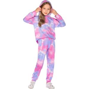 Arshiner Girl’s 2 Piece Tie-dye Pullover Hooded Sweatshirt Set Sweatsuits and Sweatpants(Blue & Pink)