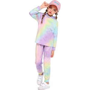 Arshiner Girl’s 2 Piece Tie-dye Pullover Hooded Sweatshirt Set Sweatsuits and Sweatpants(Purple&blue)