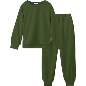 Arshiner Girls 2 Piece Tracksuit Set Long Sleeve Grid Pullover Top with Jogger Pants Kids Outfits for 5-14 Years(Army Green)