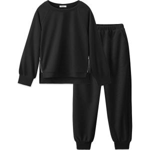 Arshiner Girls 2 Piece Tracksuit Set Long Sleeve Grid Pullover Top with Jogger Pants Kids Outfits for 5-14 Years(Black)