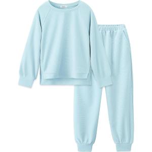Arshiner Girls 2 Piece Tracksuit Set Long Sleeve Grid Pullover Top with Jogger Pants Kids Outfits for 5-14 Years(Light Blue)
