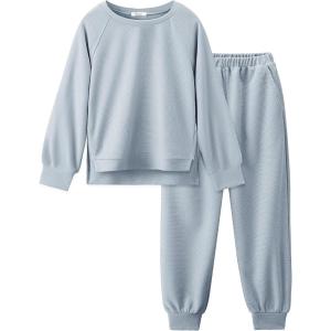 Arshiner Girls 2 Piece Tracksuit Set Long Sleeve Grid Pullover Top with Jogger Pants Kids Outfits for 5-14 Years(Light Grey)