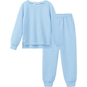 Arshiner Girls 2 Piece Tracksuit Set Long Sleeve Grid Pullover Top with Jogger Pants Kids Outfits for 5-14 Years(New-light Blue)