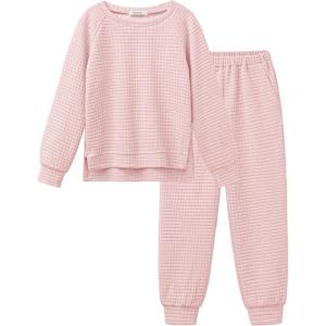 Arshiner Girls 2 Piece Tracksuit Set Long Sleeve Grid Pullover Top with Jogger Pants Kids Outfits for 5-14 Years(New-light Pink)