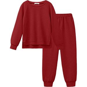 Arshiner Girls 2 Piece Tracksuit Set Long Sleeve Grid Pullover Top with Jogger Pants Kids Outfits for 5-14 Years(New-red)