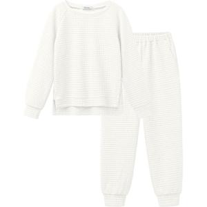 Arshiner Girls 2 Piece Tracksuit Set Long Sleeve Grid Pullover Top with Jogger Pants Kids Outfits for 5-14 Years(New-white)