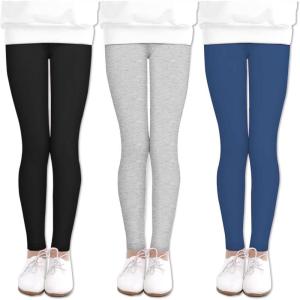 Arshiner Girl’s Ankle Length Leggings 3-Pack Printing Flower Kids Classic Stretch Pants 4-14Y(Black + Grey + Navy Blue)