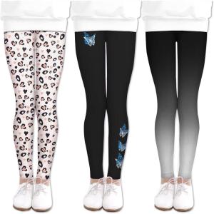 Arshiner Girl’s Ankle Length Leggings 3-Pack Printing Flower Kids Classic Stretch Pants 4-14Y(Heart + Butterfly + Gradient)