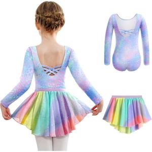 Arshiner Girls Ballet Leotards with Chiffon Dance Skirt Long Sleeve Crisscross Back Toddler Dance Outfit Combo(Colorful Leopard)