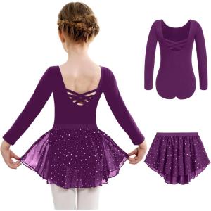 Arshiner Girls Ballet Leotards with Chiffon Dance Skirt Long Sleeve Crisscross Back Toddler Dance Outfit Combo(Deep Purple)